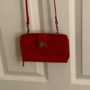 Red wallet with shoulder strap